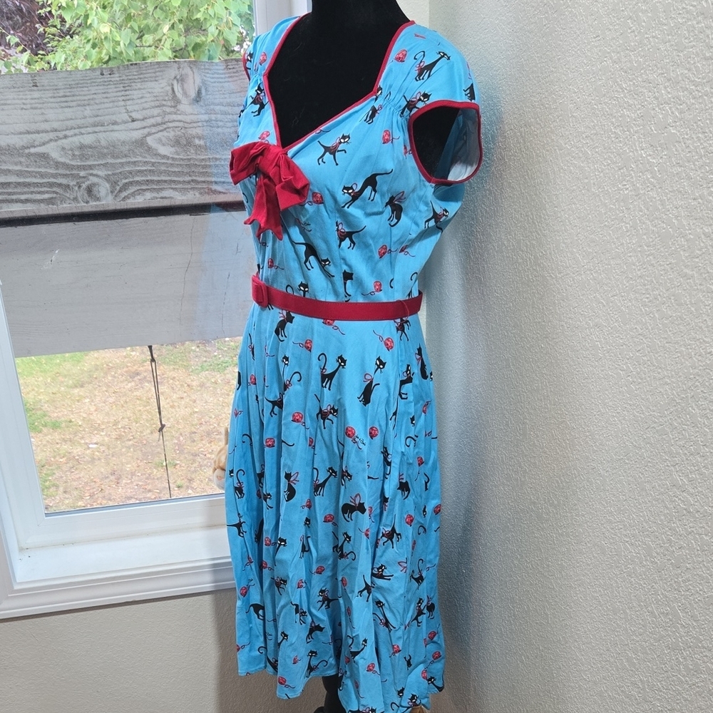 Pinup Couture Blue Dress with Red Cat Print